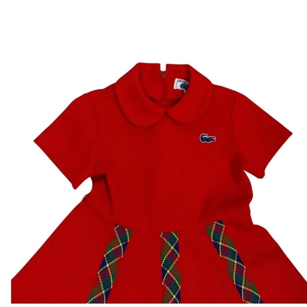 Vintage Lacoste Red Polo Dress Girls Size 4 Pique Plaid Trim